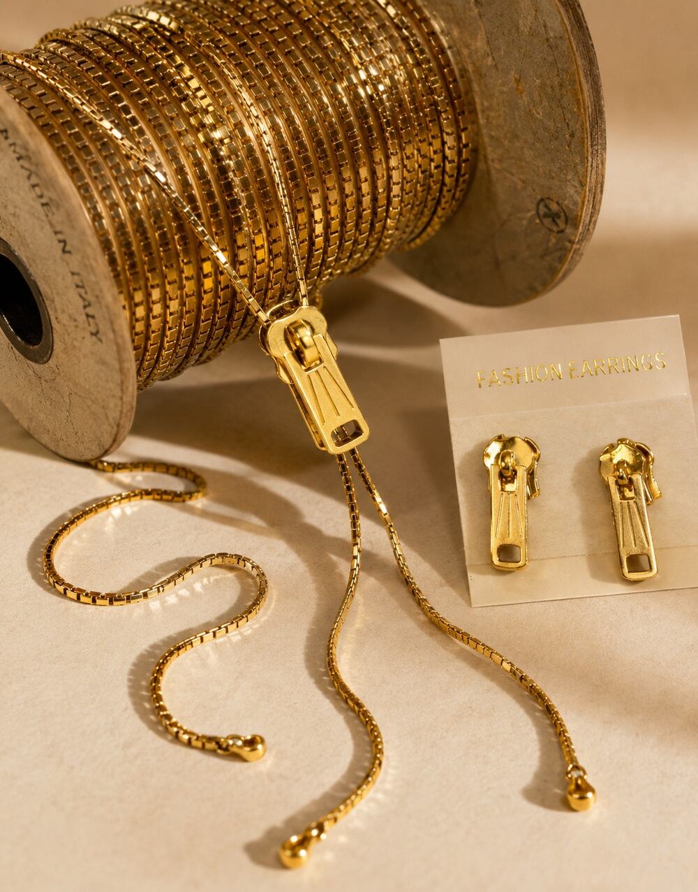 Vintage 1980s Gold Tone Zipper Lariat Necklace & Earrings Set